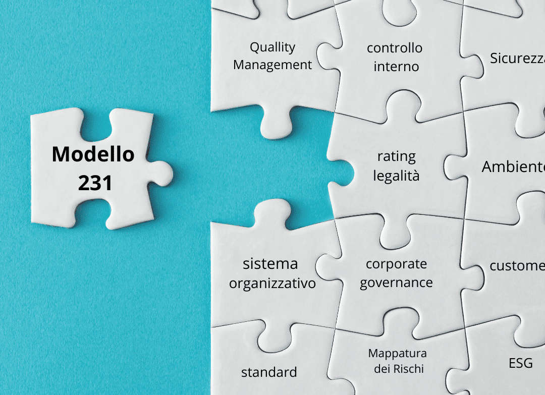 Modello 231 e componenti del sistema organizzativo rappresentati da tessere di un puzzle